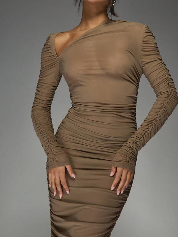 MISSGUIDED Sheer Mesh Asymmetric Neckline Long Sleeves Ruched Maxi Dress