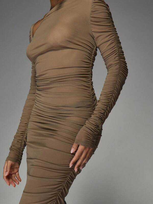 MISSGUIDED Sheer Mesh Asymmetric Neckline Long Sleeves Ruched Maxi Dress
