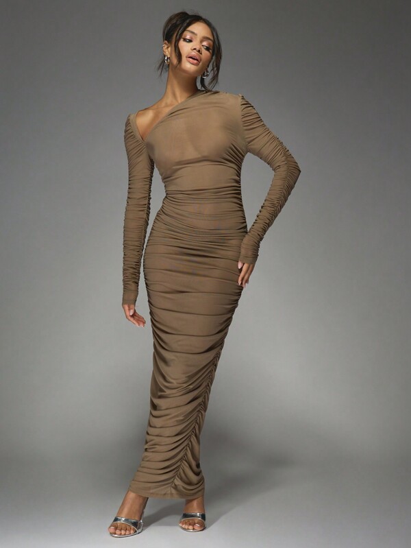 MISSGUIDED Sheer Mesh Asymmetric Neckline Long Sleeves Ruched Maxi Dress
