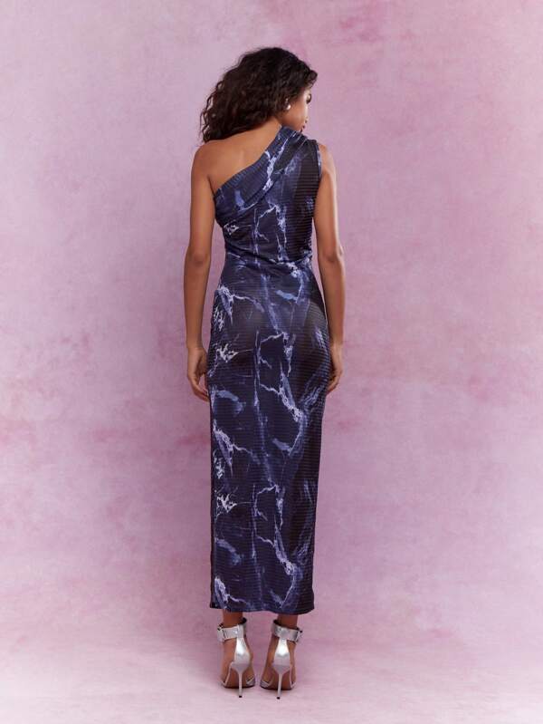 MISSGUIDED Sheer Mesh Asymmetric One Shoulder Ruched Maxi Dress