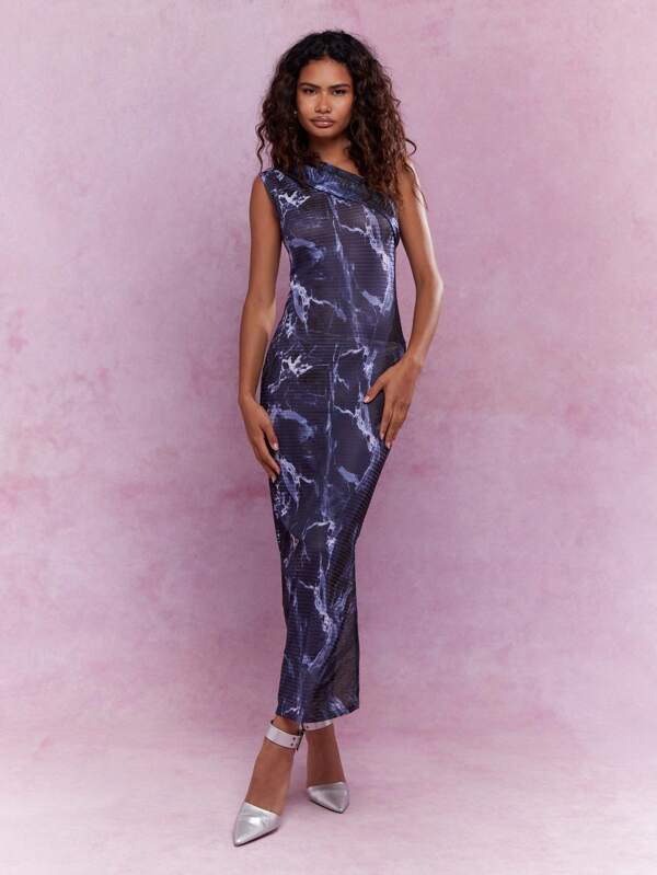 MISSGUIDED Sheer Mesh Asymmetric One Shoulder Ruched Maxi Dress
