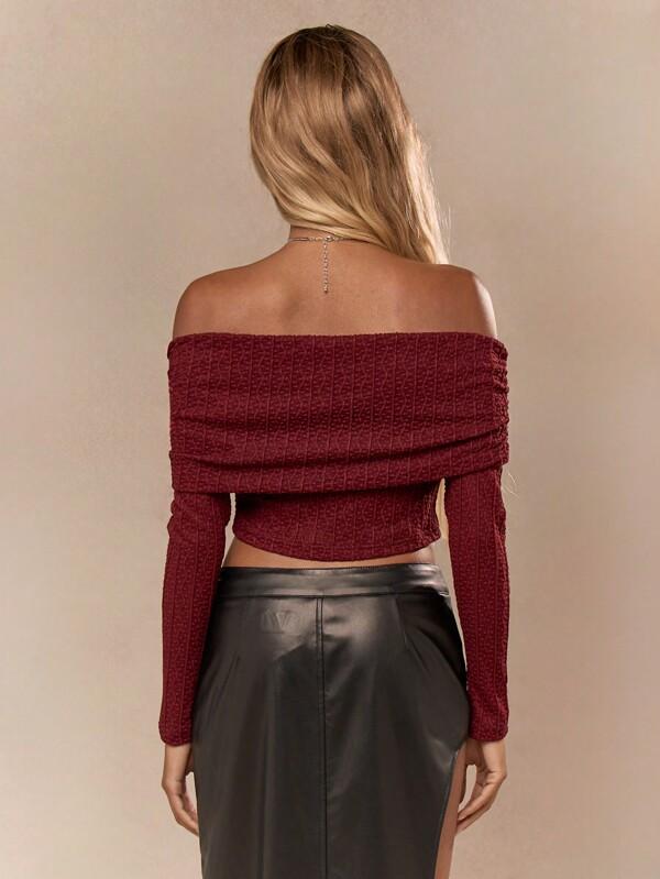 MISSGUIDED Sheer Mesh Lace Ruched Off Shoulder Long Sleeves Crop Top