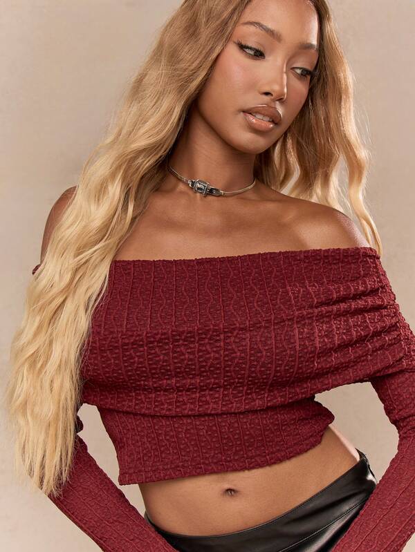MISSGUIDED Sheer Mesh Lace Ruched Off Shoulder Long Sleeves Crop Top