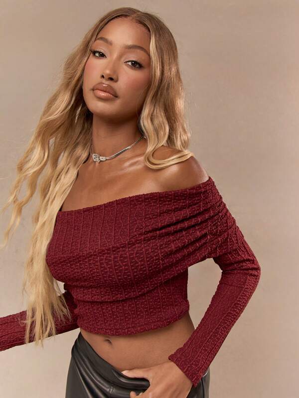 MISSGUIDED Sheer Mesh Lace Ruched Off Shoulder Long Sleeves Crop Top