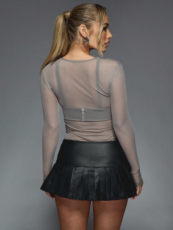 MISSGUIDED Sheer Mesh Long Sleeve Bodysuit With Built In Bustier