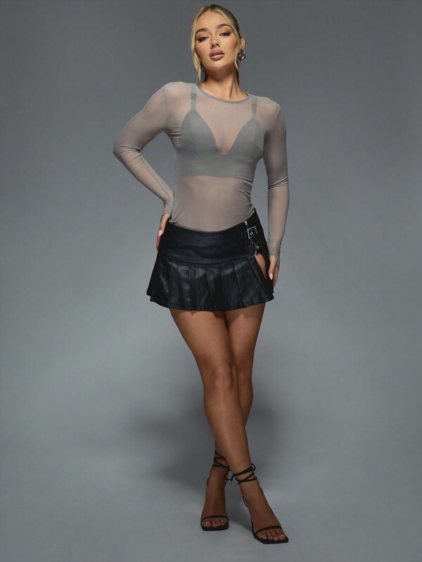MISSGUIDED Sheer Mesh Long Sleeve Bodysuit With Built In Bustier