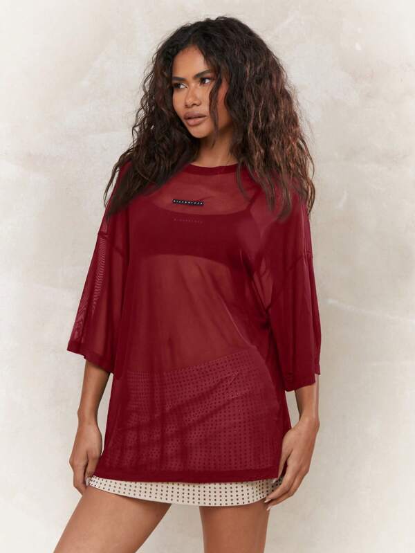 MISSGUIDED Sheer Mesh Oversized Long Sleeve Blouse Layering Top