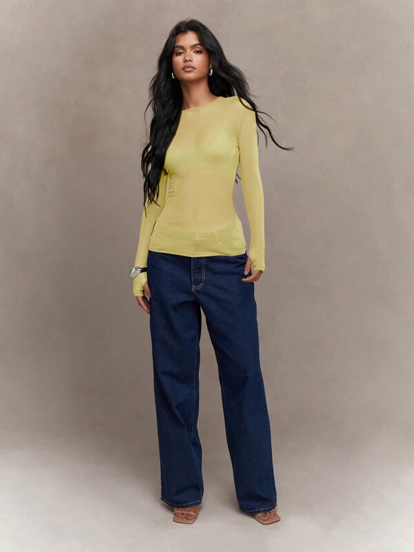 MISSGUIDED Sheer Mesh Thumb Hole Long Sleeve Top