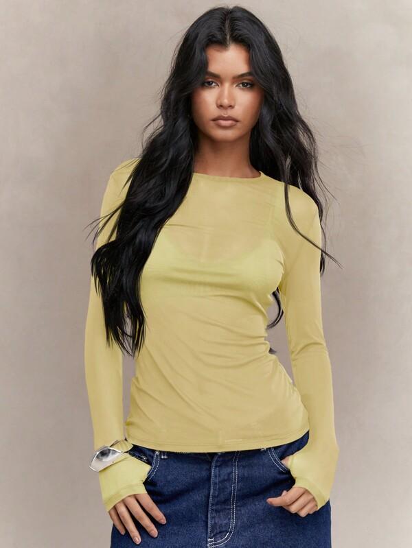 MISSGUIDED Sheer Mesh Thumb Hole Long Sleeve Top