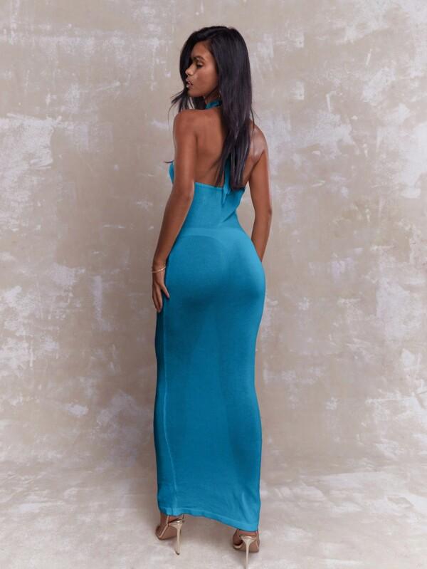 MISSGUIDED Sheer Metal Detail Halter Plunge Neck Maxi Dress