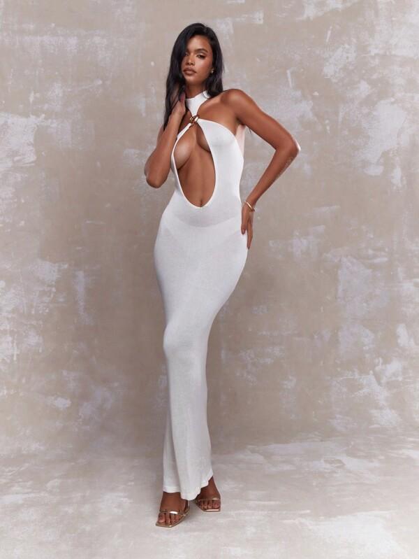 MISSGUIDED Sheer Metal Detail Halter Plunge Neck Maxi Dress