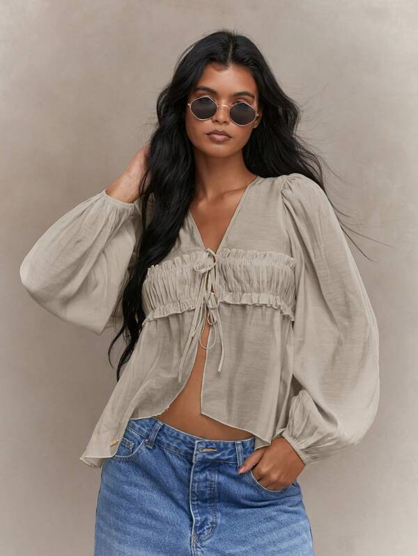 MISSGUIDED Sheer Ruched Bust Balloon Sleeves Shirt Blouse