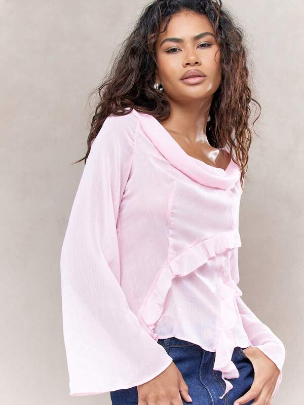 MISSGUIDED Sheer Scoop Neck And Back Flared Long Sleeves Frill Detail Top