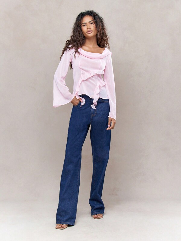 MISSGUIDED Sheer Scoop Neck And Back Flared Long Sleeves Frill Detail Top