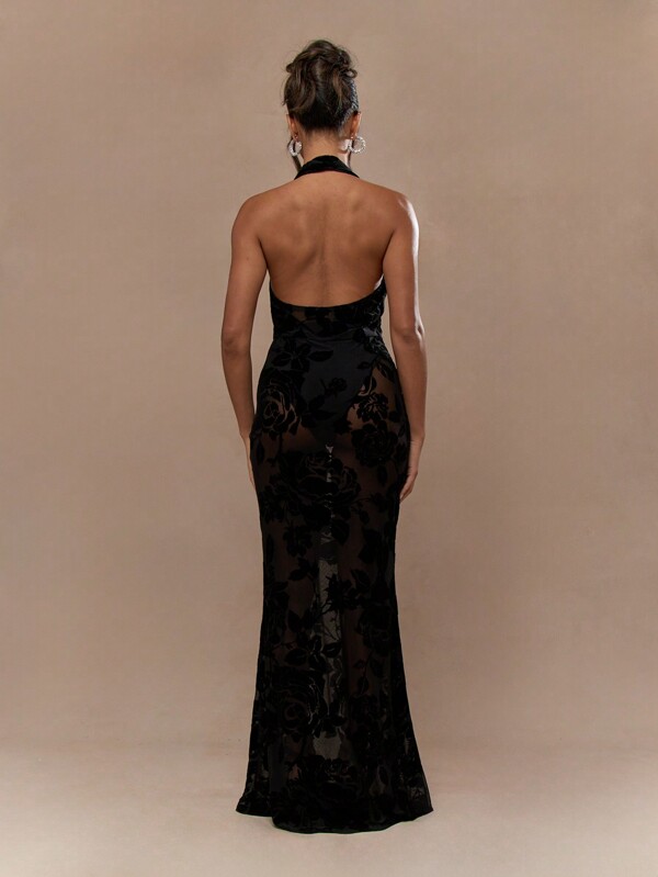 MISSGUIDED Sheer Velvet Lace Cowl Halter Neck Backless Flare Hem Maxi Dress