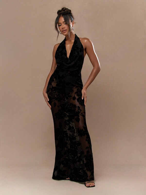 MISSGUIDED Sheer Velvet Lace Cowl Halter Neck Backless Flare Hem Maxi Dress