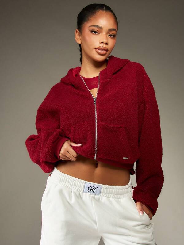 MISSGUIDED Sherpa Fleece Cropped Full Zip Hoodie With Drawstring