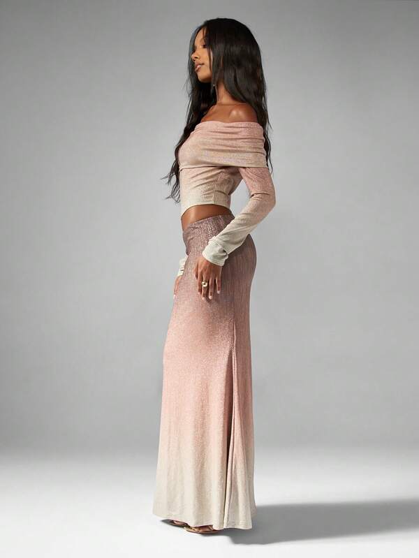 MISSGUIDED Shimmer Ombre Bardot Top With Flared Maxi Skirt