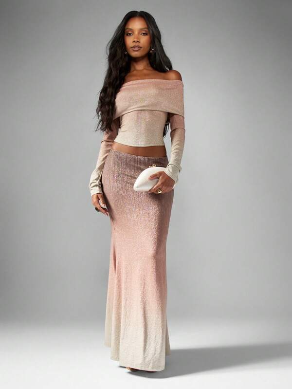 MISSGUIDED Shimmer Ombre Bardot Top With Flared Maxi Skirt