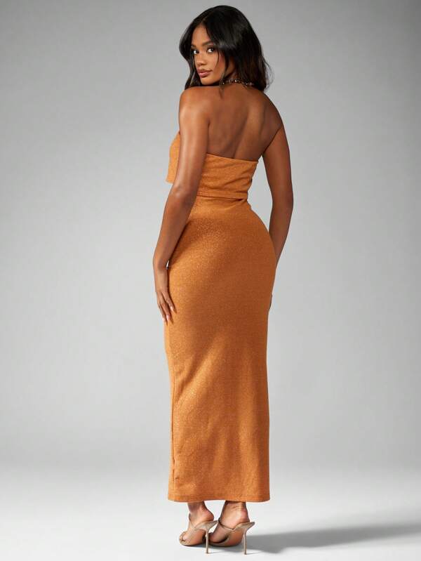 MISSGUIDED Shimmer Strapless Overlay Bandeau Detail Women Long Dresses
