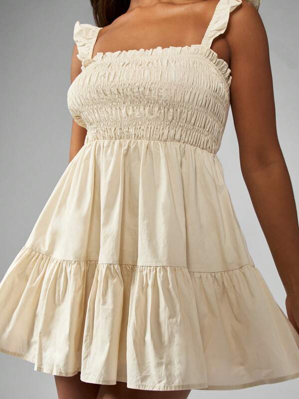 MISSGUIDED Shirred Bodice Ruffle Straps Tiered Skirt Cotton Poplin Mini Dress