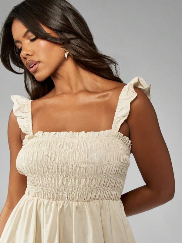 MISSGUIDED Shirred Bodice Ruffle Straps Tiered Skirt Cotton Poplin Mini Dress