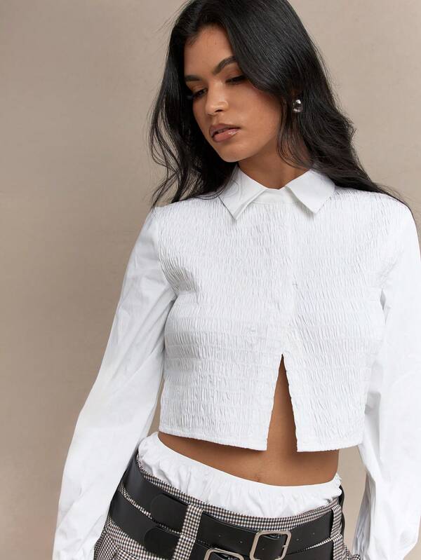 MISSGUIDED Shirred Long Balloon Sleeves Crop Shirt