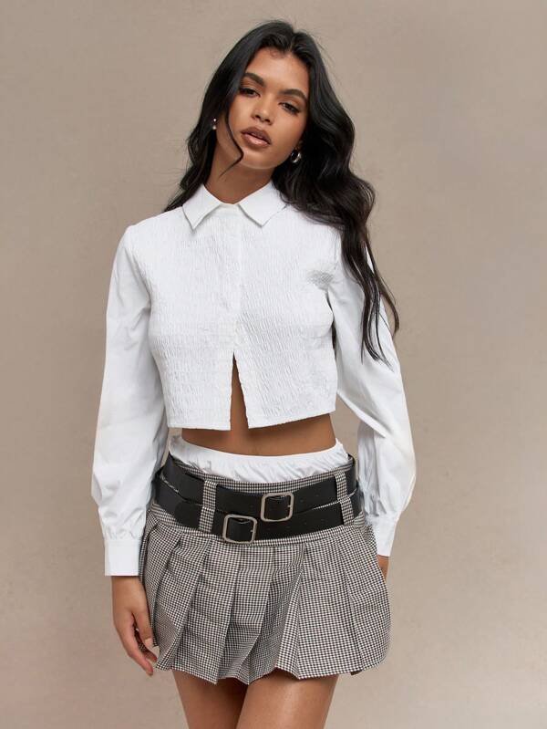 MISSGUIDED Shirred Long Balloon Sleeves Crop Shirt