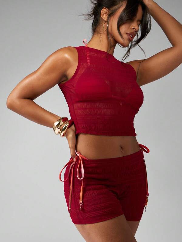 MISSGUIDED Shirred Ruched High Waist Shorts Crop Top Two Piece Outfit