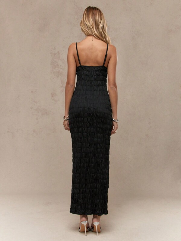 MISSGUIDED Shirred Smocked Tie Front Adjustable Straps Long Maxi Bodycon Dress