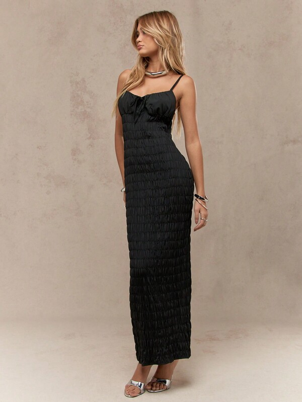 MISSGUIDED Shirred Smocked Tie Front Adjustable Straps Long Maxi Bodycon Dress