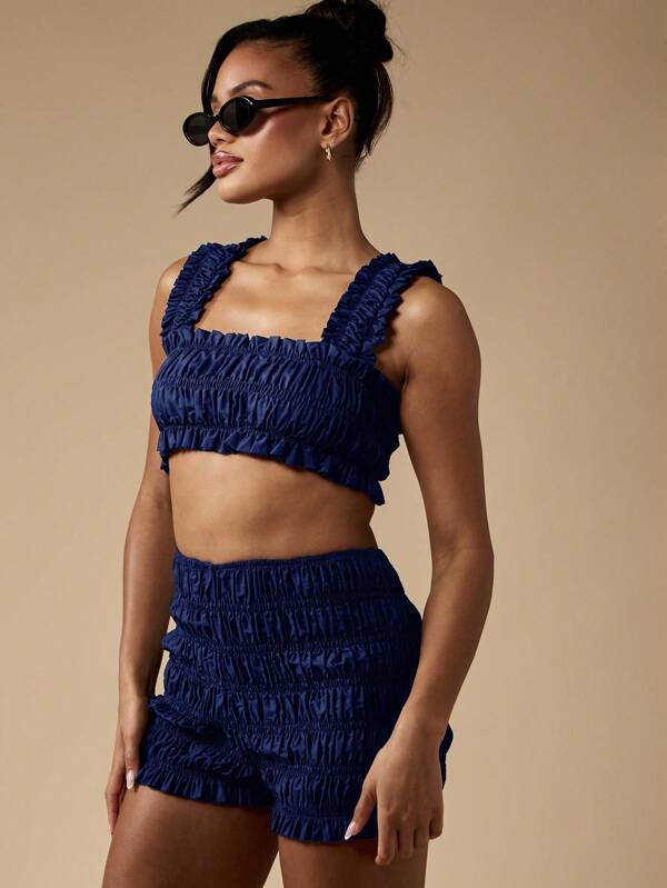 MISSGUIDED Shirred Square Neck Crop Top And Shorts With Ruffles