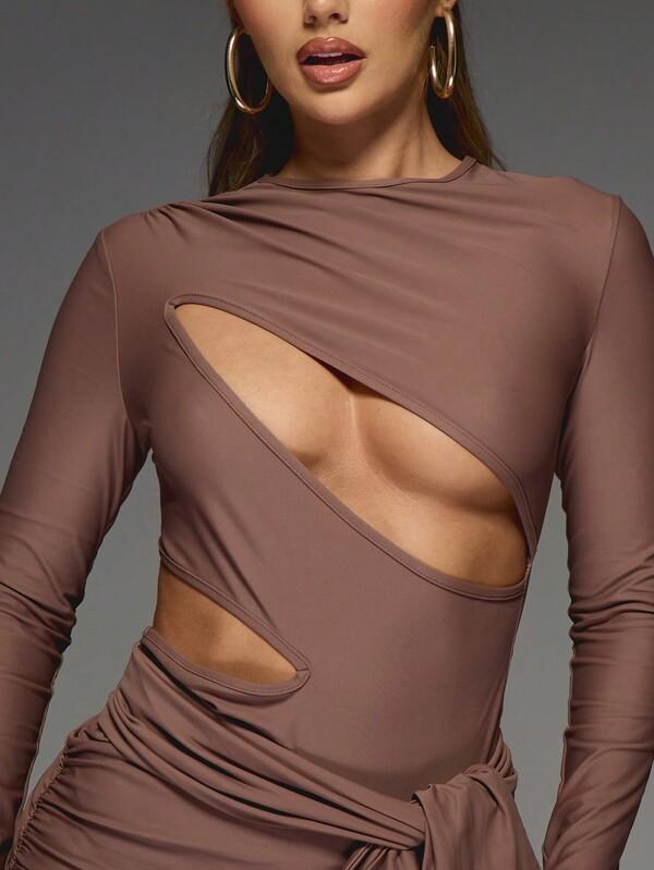MISSGUIDED Slashed Cut Out Long Sleeves Ruched Bodycon Mini Dress