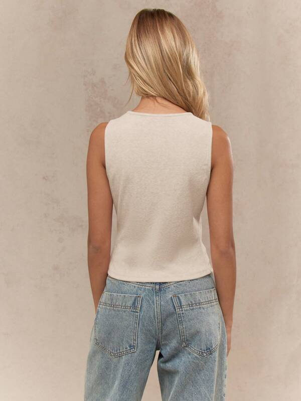 MISSGUIDED Sleeveless Button Down Ribbed Basic Fitted Stretchy Crew Neck Tank Top