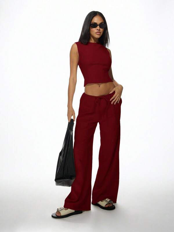 MISSGUIDED Sleeveless Crop Top And Wide Leg Pants With Back Ties
