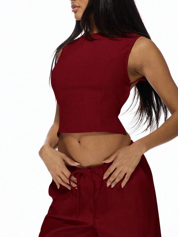MISSGUIDED Sleeveless Crop Top And Wide Leg Pants With Back Ties