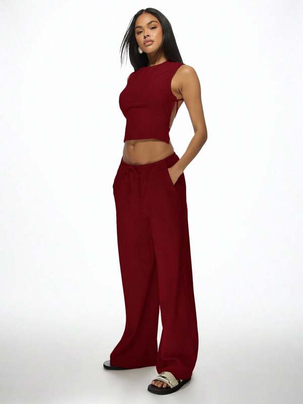 MISSGUIDED Sleeveless Crop Top And Wide Leg Pants With Back Ties
