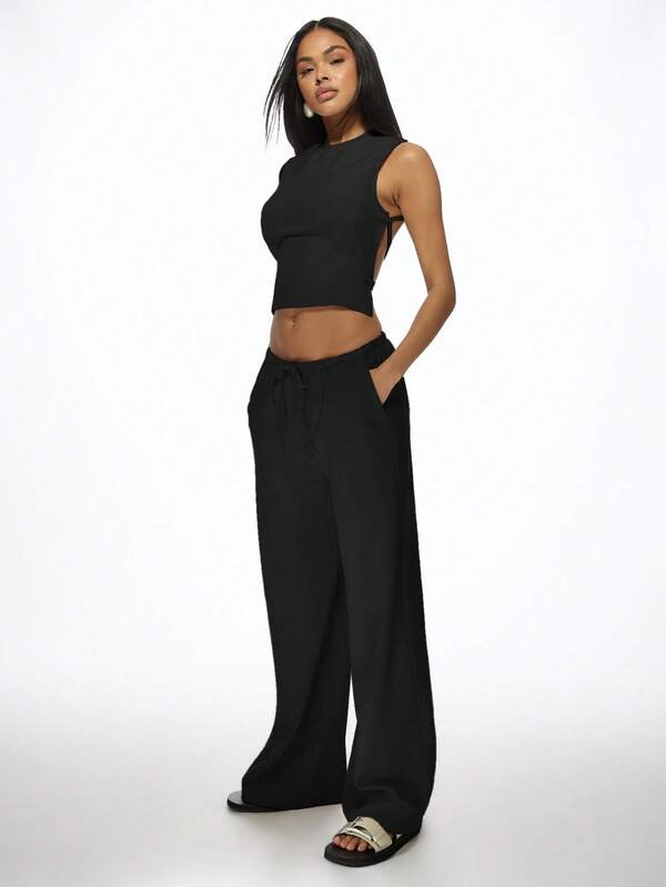MISSGUIDED Sleeveless Crop Top With Wide Leg Pants Set