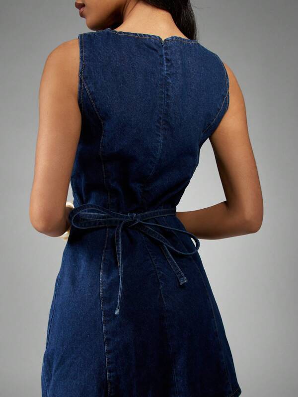 MISSGUIDED Sleeveless Fitted Shift Style Denim Mini Dress Back Tie Waist Detail