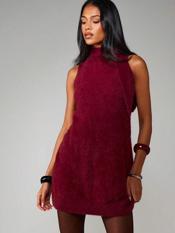 MISSGUIDED Sleeveless High Neck Fuzzy Mini Dress