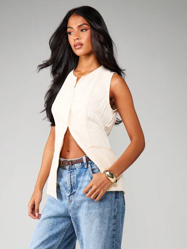 MISSGUIDED Sleeveless Linen Feel Longline Vest With Pockets