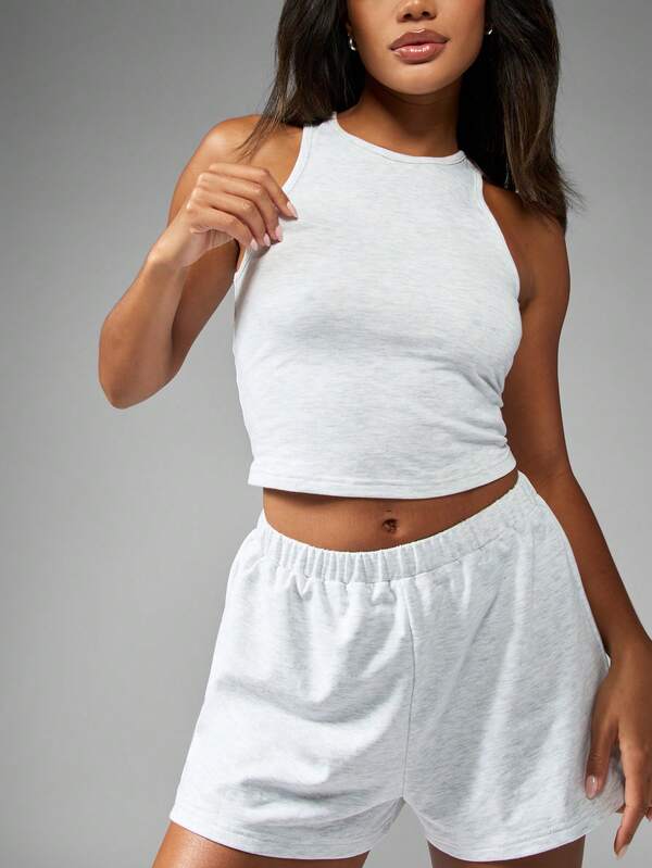MISSGUIDED Sleeveless Racer Neck Crop Top High Waist Shorts Athleisure Two Piece