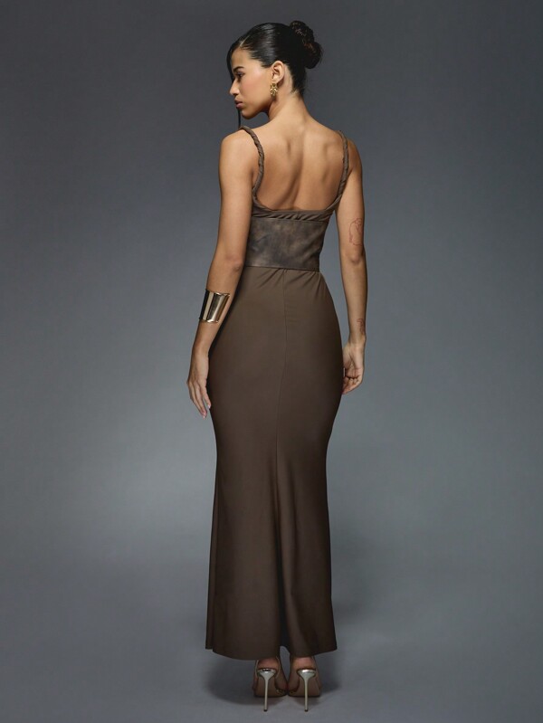 MISSGUIDED Slinky Cowl Neck Twist Strap Flare Hem Maxi Dress Faux Leather Lace Up Belted Waist Detail
