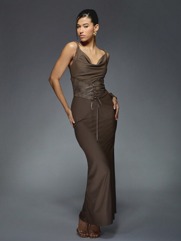 MISSGUIDED Slinky Cowl Neck Twist Strap Flare Hem Maxi Dress Faux Leather Lace Up Belted Waist Detail