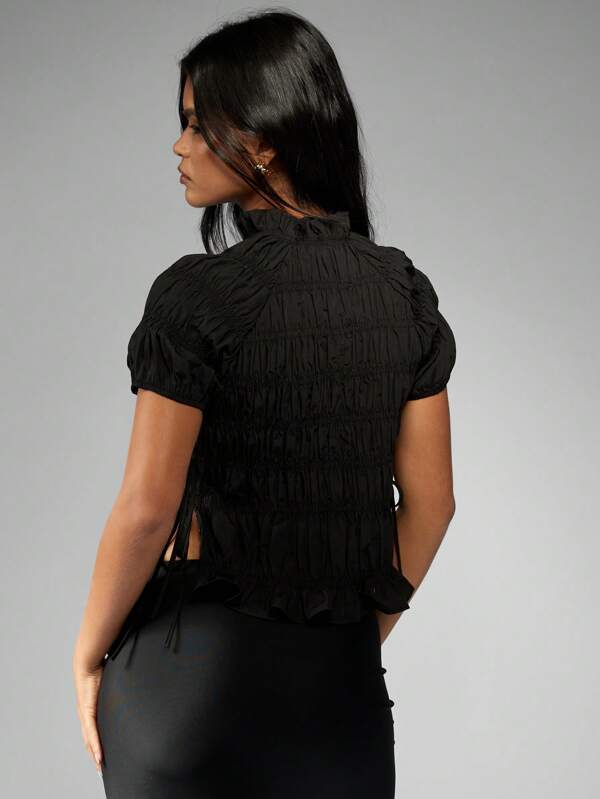 MISSGUIDED Smocked High Neck Puff Sleeve Crop Top