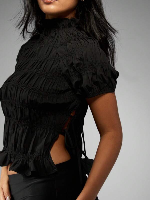 MISSGUIDED Smocked High Neck Puff Sleeve Crop Top