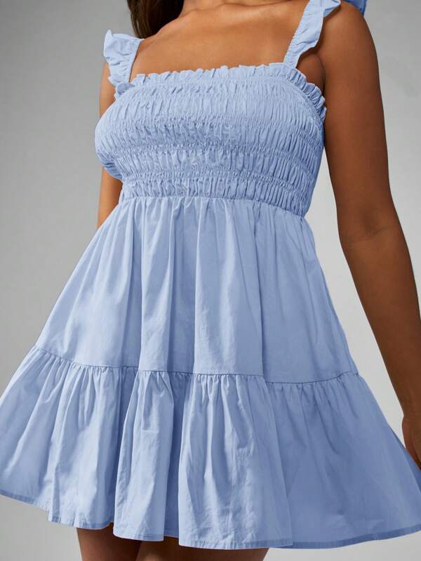 MISSGUIDED Smocked Ruffle Strap Tiered Mini Dress