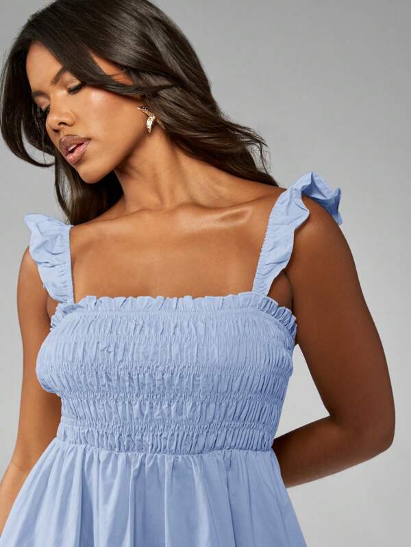 MISSGUIDED Smocked Ruffle Strap Tiered Mini Dress