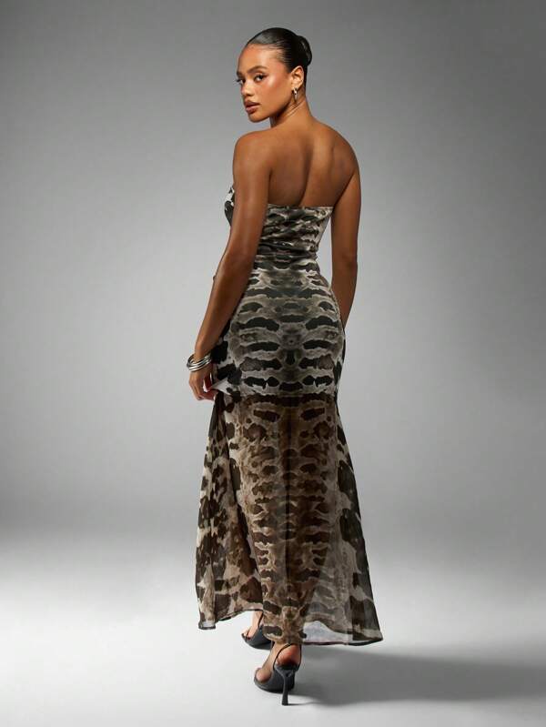 MISSGUIDED Snake Print Bandeau Maxi Dress With Sheer Hem