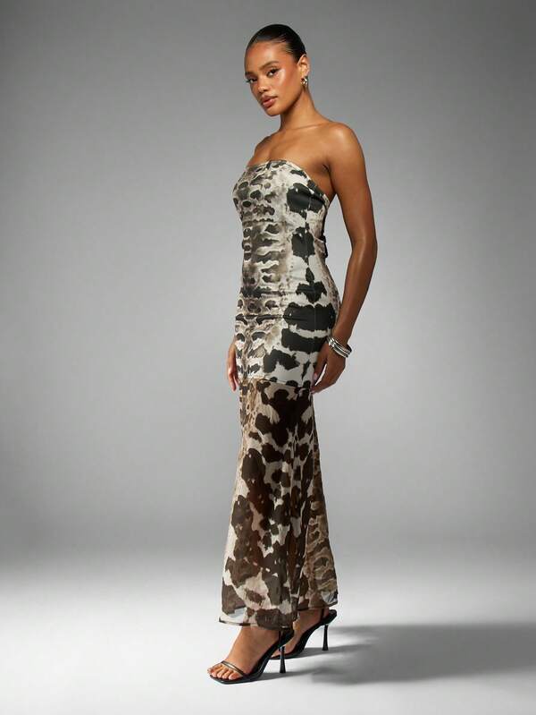 MISSGUIDED Snake Print Bandeau Maxi Dress With Sheer Hem